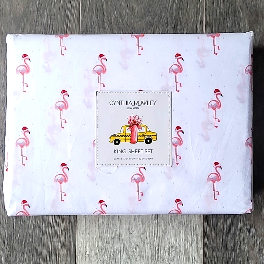 ☃️NWT☃️ Cynthia Rowley Christmas Flamingo & Santa Hat King Sheet Set